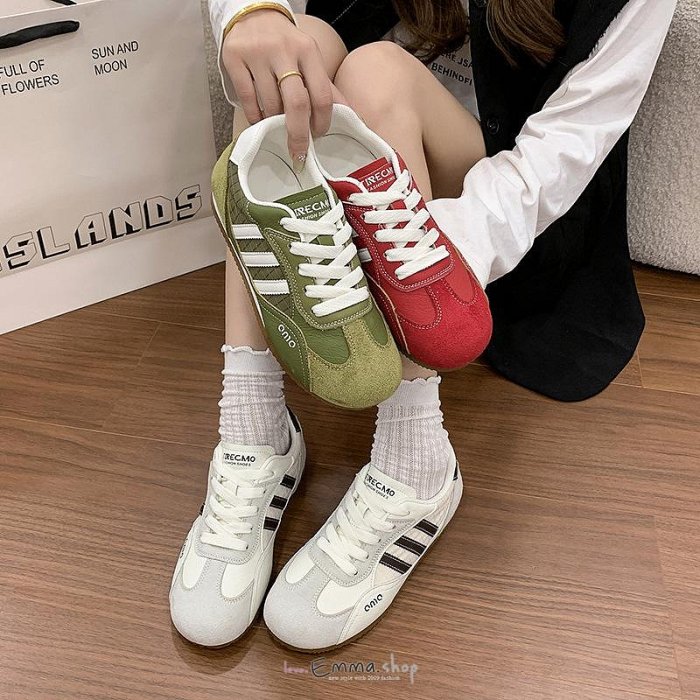 EmmaShop艾購物-韓國同步上新-韓系真皮德訓鞋女 3.5CM隱形增高 牛皮拼接復古休閒鞋 紅綠白百搭女鞋