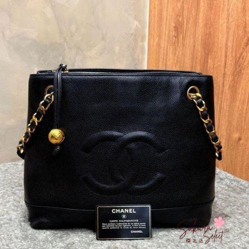 【經典全新收藏正品】CHANEL Vintage 金球托特包｜黑金荔枝牛皮・經典款・稀有收藏包