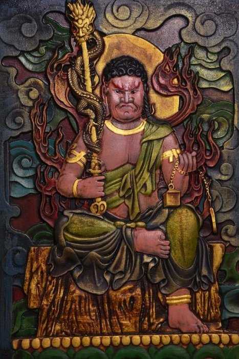 不動明王 寬42楠木手工雕刻，高浮雕，鎏金描彩工藝雕工細膩 不動明王