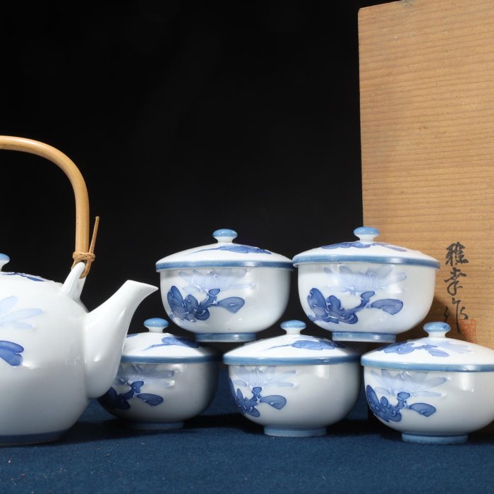 2/20結標日本全新染付水墨茶花茶器組蓋碗茶器一套附木箱CEA1228