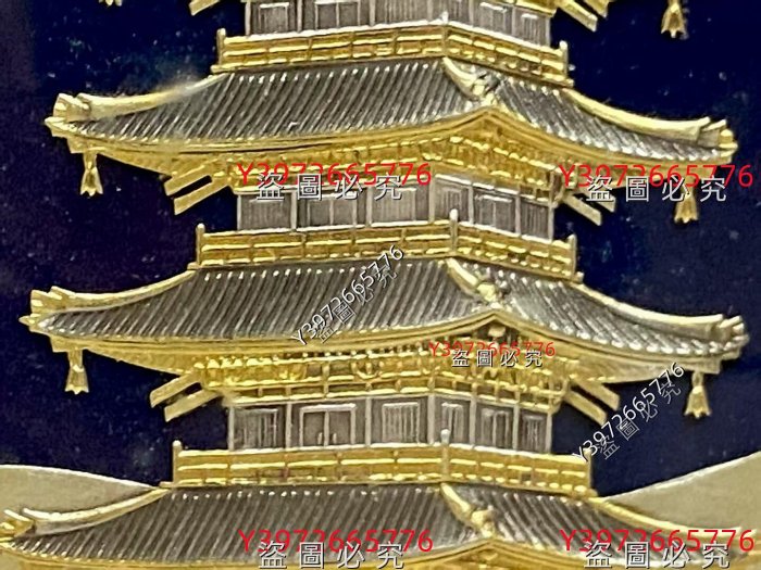日本著名金匠武比古作純銀浮雕【鎏金歲月】五重塔鏡框整體尺寸32*26cm