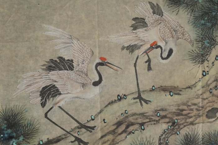 玖隆蕭松和挖寶網K》戰志剛松鶴延年/ 如英鳥松樹古代人像花卉彩墨畫共3