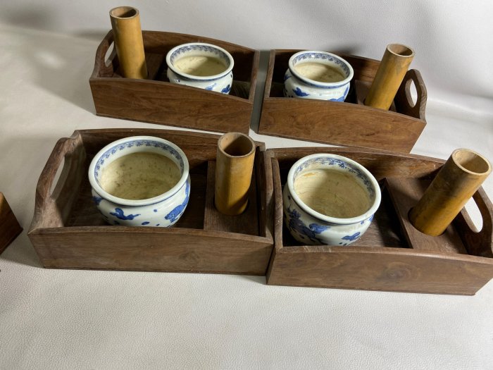 ★真美★u251 時代桑生地桐透彫莨盆 古玩輕鬆拍老日本百年歷史茶道具染付麒麟駿馬紋瓷火入桑木茶盒煙草盆