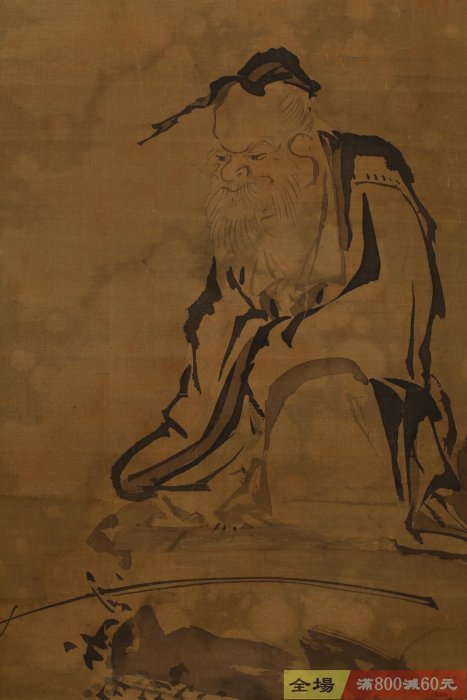 大幅狩野周信筆《太公獨釣圖》掛軸絹本錦裱品相見圖有蟲蛀和修復筆意不