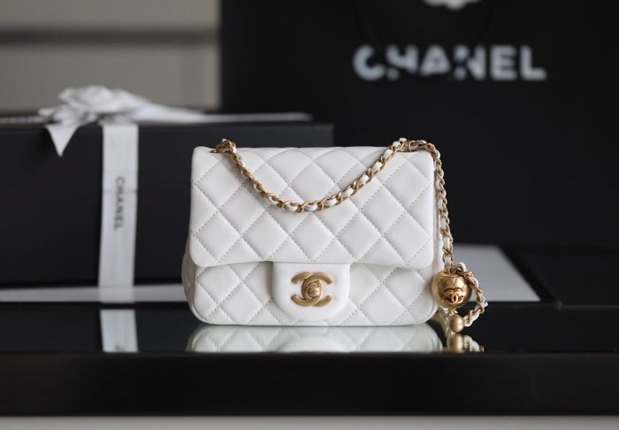 『RP精品』Chanel 香奈兒 CF Mini 白色 金扣 金球方胖子 18cm 口蓋包 側肩背包