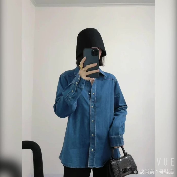 特賣- MD秋季文藝女裝 直筒型棉質長袖上衣女 百搭藍色薄款女士牛仔襯衫