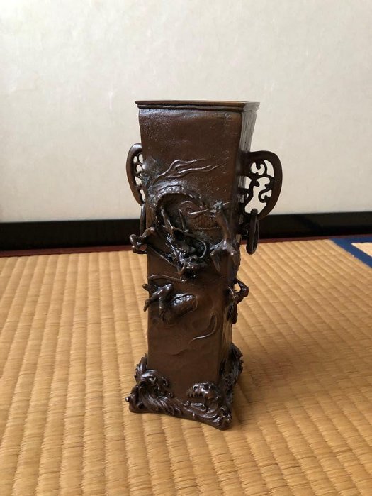 蠟型青銅製角型瑞龍紋花瓶二上元威氏作| Yahoo拍賣
