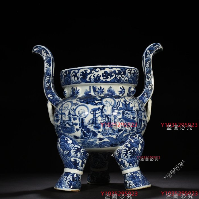 明宣德青花十八羅漢人物紋香爐50*42厘米舊藏古董古玩【古齋】-726