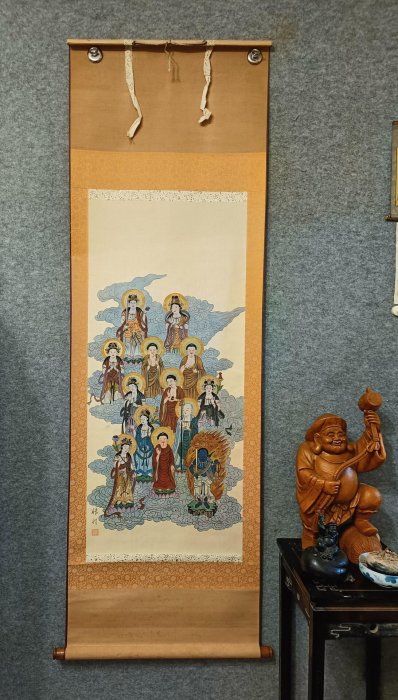 嚴選十三佛日本回流佛畫書法掛軸，老印絹本綾裱木軸，國風藝術縱173cm