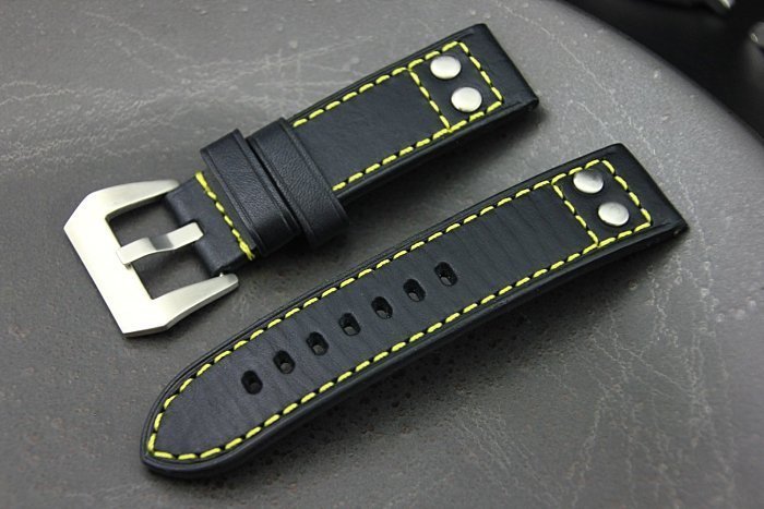 Hamilton 的新衣,banda軍錶飛行風格鉚釘 24mm 直身黑色真皮錶帶 fit seiko