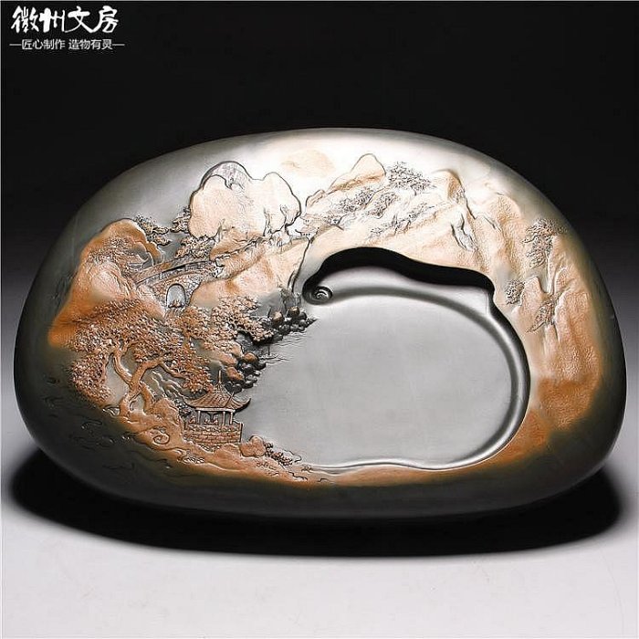 中國歙硯老坑硯台手工精品山水硯老坑籽料硯台兼收藏品原石端硯wf