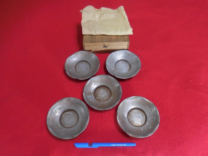 古錫 大型茶托 龍閣陳永高老店 唐物 梅型 ５客 古美術 北溟居古美術】日本茶道具錫