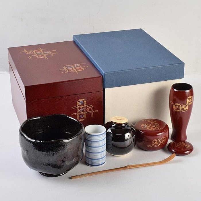 茶道具うるみ塗七寶蒔繪利休茶箱棗黑樂茶碗等七點一式MR9482 | Yahoo拍賣