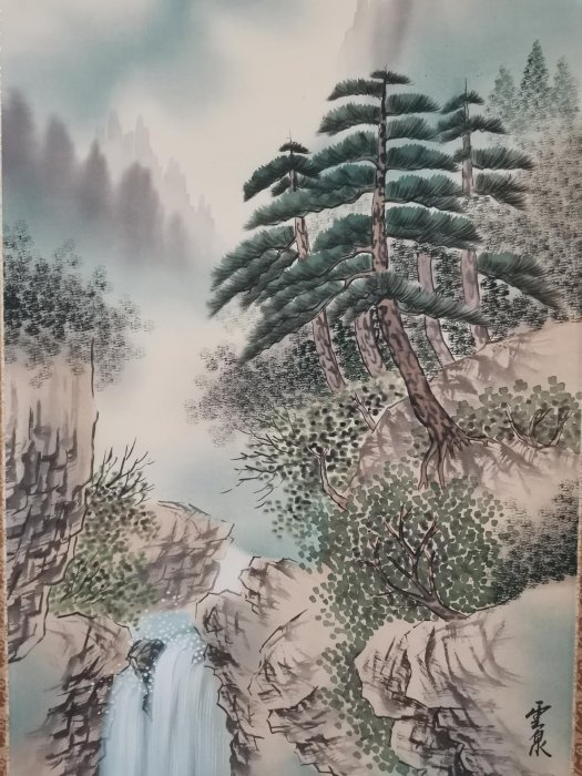 嚴選日本回流字畫掛軸，雲泉山水絹本綾裱，187cm古董級藝術品，木制軸
