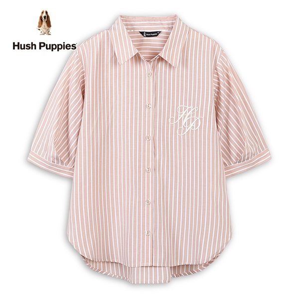 Hush Puppies 襯衫 女裝HP刺繡知性直條紋五分袖襯衫
