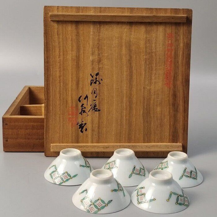 編號0平安三浦竹泉造篩月庵竹泉制日本清水燒色繪七寶文茶碗酒盞一套5個
