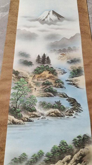 山水畫.老畫，山水畫，絹本原裱，尺寸182*53CM裝裱，102*40CM畫心