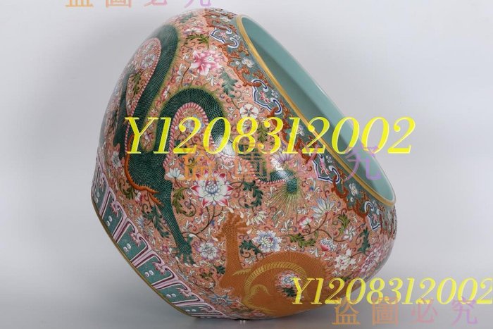 可議價！清乾隆，琺瑯彩描金雙龍戲珠紋圈口洗，高36厘米，口徑瓷器老瓷