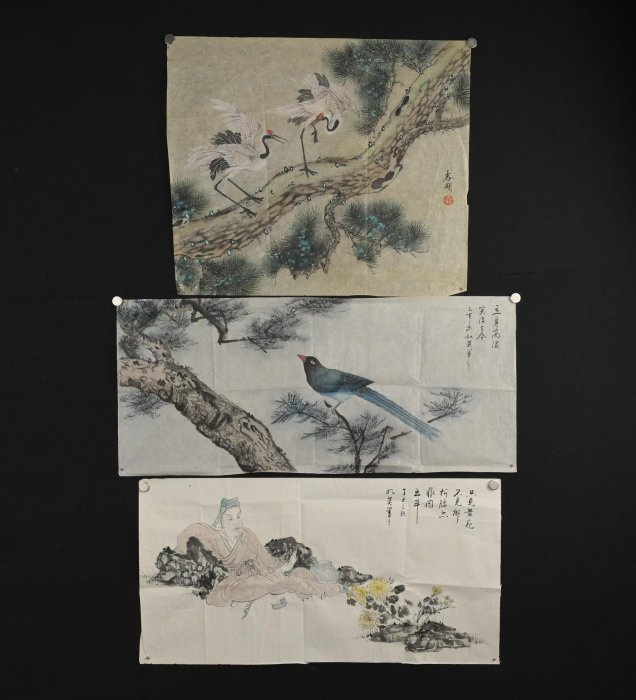 玖隆蕭松和挖寶網K》戰志剛松鶴延年/ 如英鳥松樹古代人像花卉彩墨畫共3