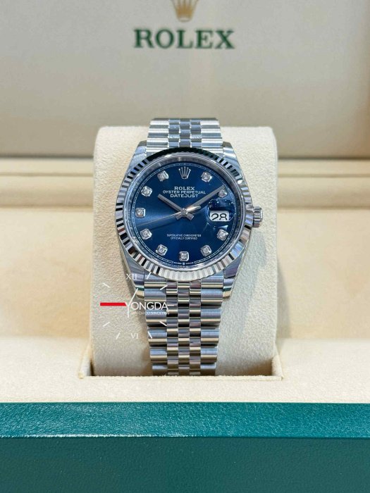 ROLEX 勞力士 現貨實品 全新品 全膜 亮藍色鑲鑽石面盤 DATEJUST 36 蠔式 126234-0037 三角坑紋錶圈 紀念型（Jubilee）五銖帶