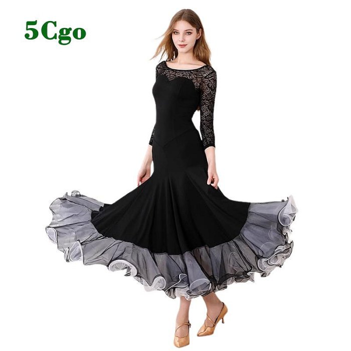 5Cgo【鴿樓】蕾絲款長袖透視摩登舞裙包臀魚尾洋裝國標舞服飾交誼舞服華爾滋大擺裙t835005499186