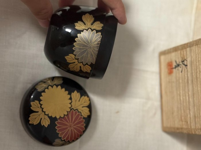 日本大漆工藝金蒔繪茶棗，名家秋峯原木盒收藏佳品金菊銀菊繪紋茶棗
