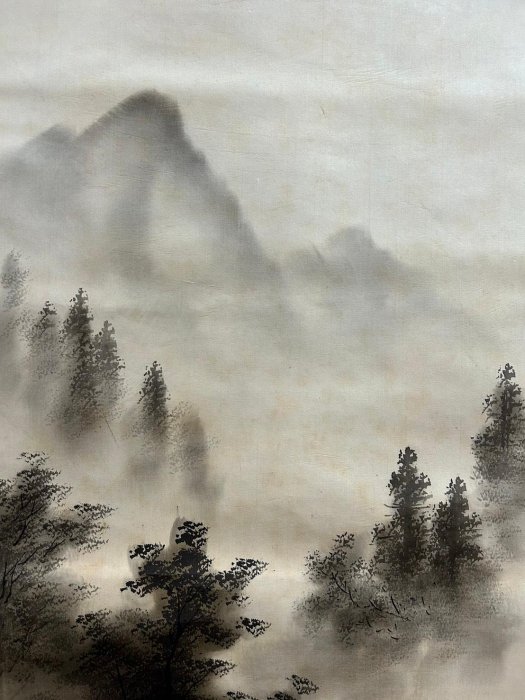 藏舊尋寶屋】老日本湖峯作落款「水墨山水圖」畫軸/掛軸《絹本·手繪