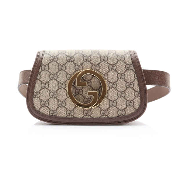 GUCCI 古馳 烏木色 GG Supreme帆布 棕色牛皮 Blondie 金標 腰包 #703807 【二手名牌BRAND OFF】