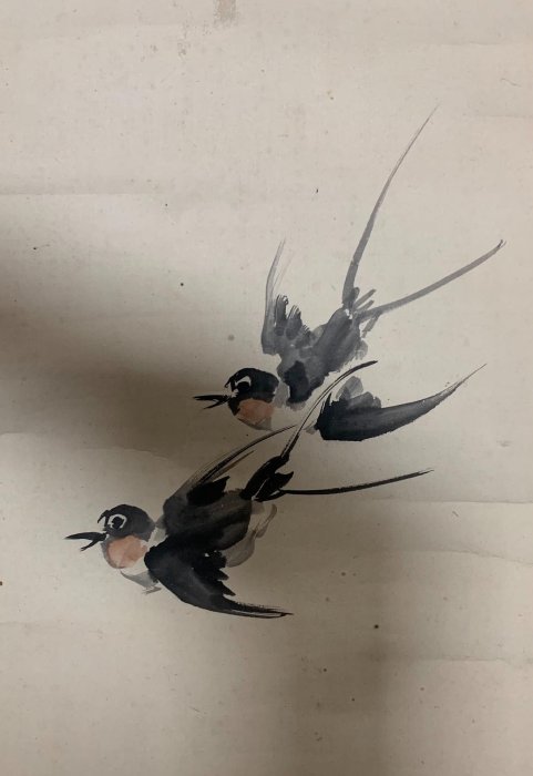 嚴選日本明治時期佐竹永陵創作蘭花麻雀小掛軸，綾裱精工細作紙本獸骨軸