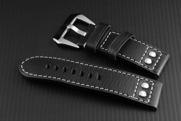 hamilton的新衣banda軍錶飛行風格鉚釘24mm 直身黑色真皮錶帶 fit for== seiko omega