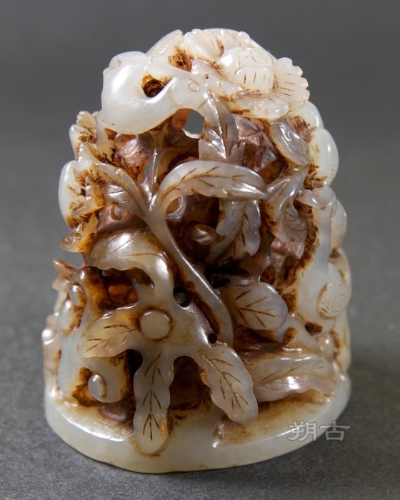 朔古玩賞＝《精雕細琢》明清白玉鏤雕五鳳來巢花鳥紋玉爐頂和田玉和闐玉