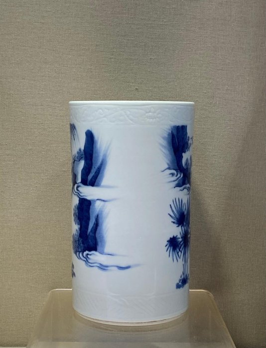 崇禎時期青花瓷筆筒高16.5公分完美品相細膩胎質琉璃釉面人物故事圖優雅