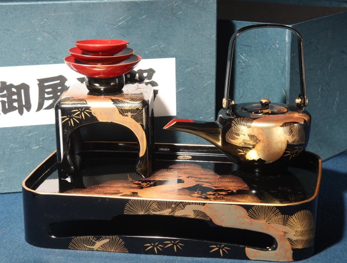 流】古美術品 輪島塗 龍作 黒塗沈金屠蘇器揃 箱付 AY272