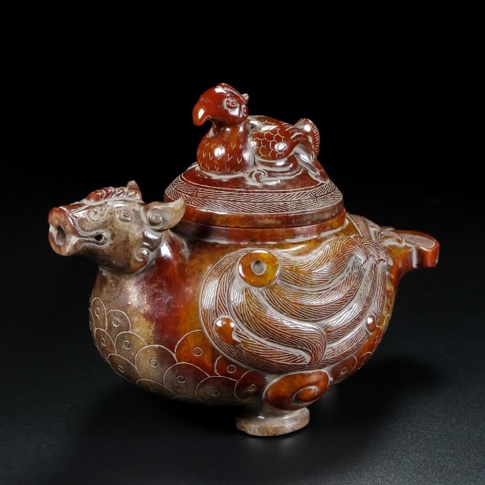 18848和田玉舊藏迴流精品龍頭鳳身酒壺玉質細膩油潤包漿醇厚沁色自然雕