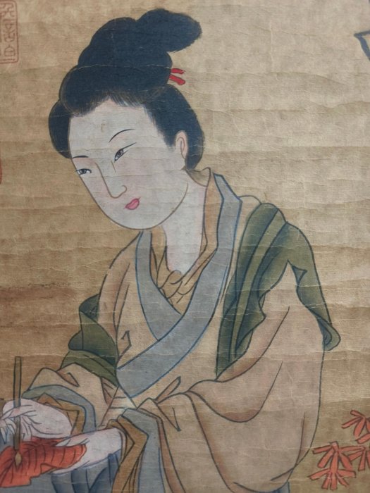 唐寅 秋庭仕女図　三尺中堂掛け軸　中国人物画　宣紙　書画工芸 唐寅仕女図 三尺中堂 掛軸 美人画 人物画 宣紙 中国古美術 - メルカリ
