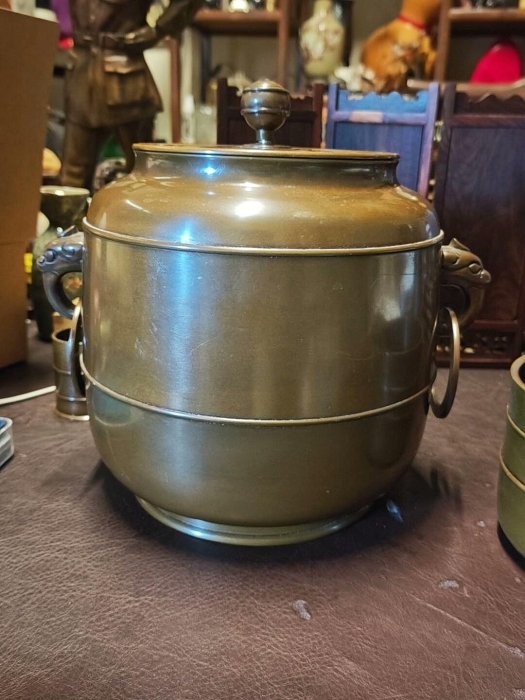 嚴選2180年日本回流唐銅水指，銅質厚重做工精細，直徑18cm，高22cm，重
