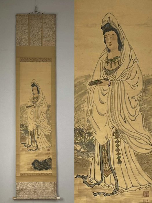清代無款古筆魚籃觀音像紙本立軸巨老手繪佛事掛畫實木裝裱畫芯85x36cm