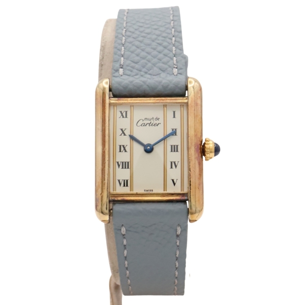 Cartier 卡地亞 米白色錶盤 925純銀鍍金 皮革錶帶 MUST TANK SM 腕錶 W1003053 【二手名牌BRAND OFF】