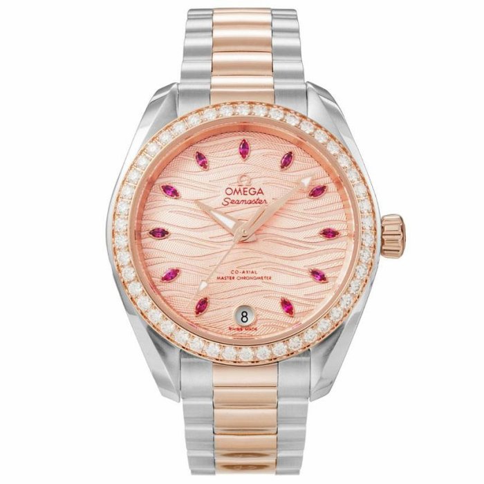 OMEGA 歐米茄 220.25.34.20.60.001 海馬 AquaTerra 34mm 紅寶石鑽石面盤 不鏽鋼黃K半金錶帶 機械 女錶