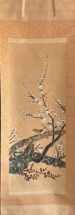 江夏 筆 中国画 絹本 彩色 梅花 木綿花 花鳥 掛軸 嚴選春水梅花小鳥圖絹本工筆畫原裝原裱黃金斑老舊痕跡經典工筆畫梅花