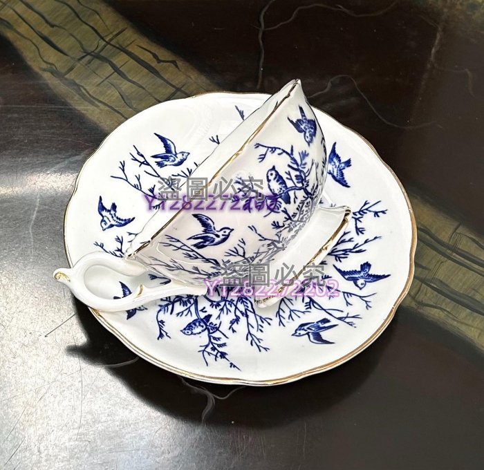 1940年代英國Coalport科爾波特藍青花雀鳥闊口編號骨瓷杯杯口直中古回流