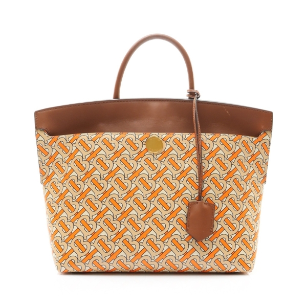 BURBERRY 巴寶莉 Monogram Society 手提包 棕/橘色 牛皮 PVC塗層帆布 63829 缺背帶 【二手名牌BRAND OFF】