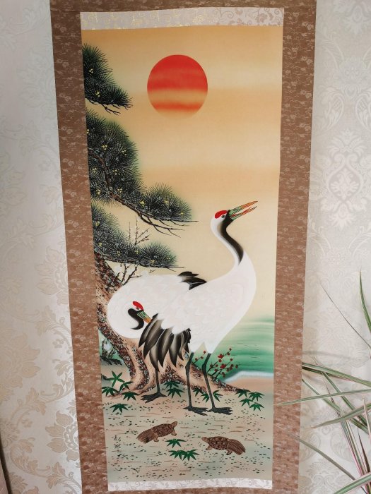 日本大名家湯川松堂作《松鶴延年》絹本畫卷軸畫掛畫裝飾畫古董畫【湯川