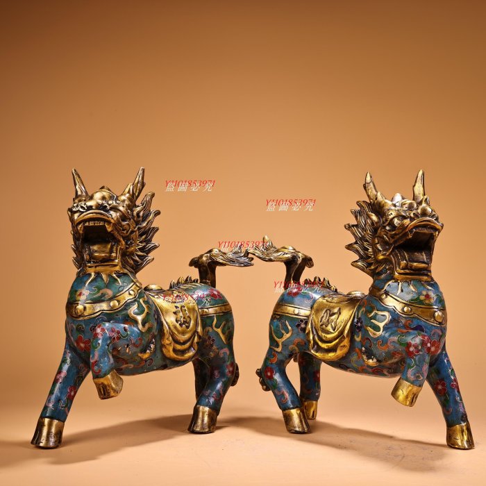 純銅全銅高浮雕鏨刻鎏金景泰藍琺瑯彩麒麟工藝精湛器形款式精美重3400克
