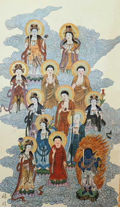 嚴選十三佛日本回流佛畫書法掛軸，老印絹本綾裱木軸，國風藝術縱173cm