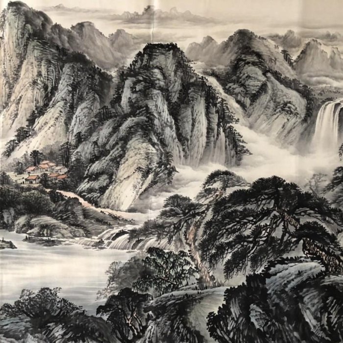 Z244【徐悲鴻】山水畫，六尺橫幅純手繪作品尺寸約：238*100厘米未裝裱