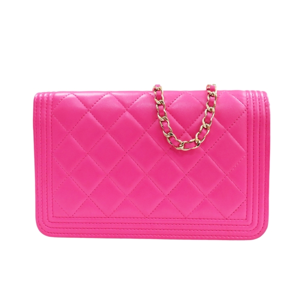 二手名牌BRAND OFF】CHANEL 香奈兒粉色羊皮菱格紋CHANEL BOY WOC 肩背