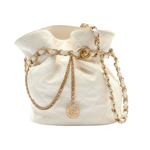 CHANEL 香奈兒 CC Turnlock Medallion 水桶包 肩背包 白色 羊皮 AS4002 【二手名牌BRAND OFF】