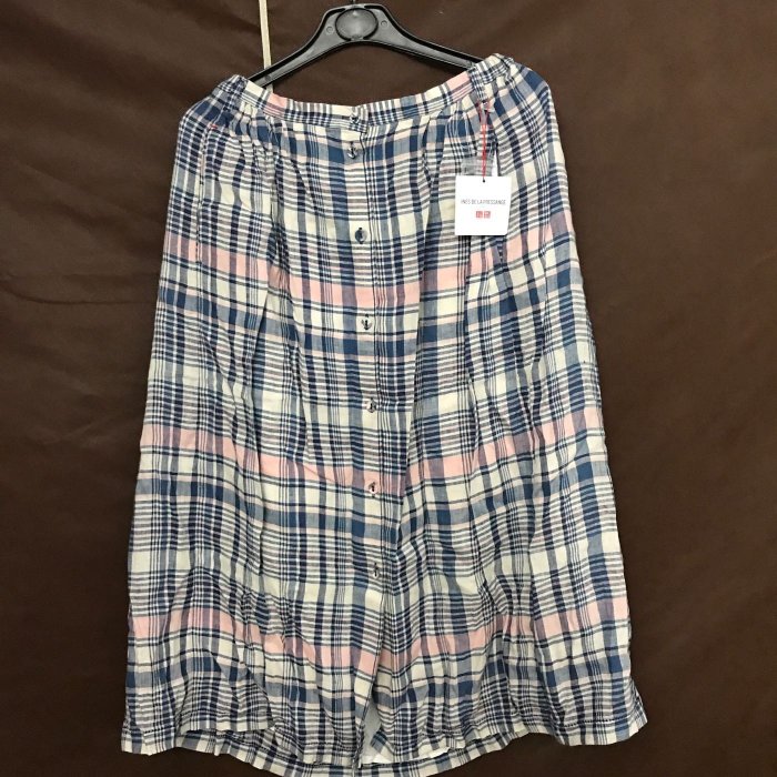 UNIQLO-INES DELA FRESSANGE 亞麻輕便裙-粉藍格-L