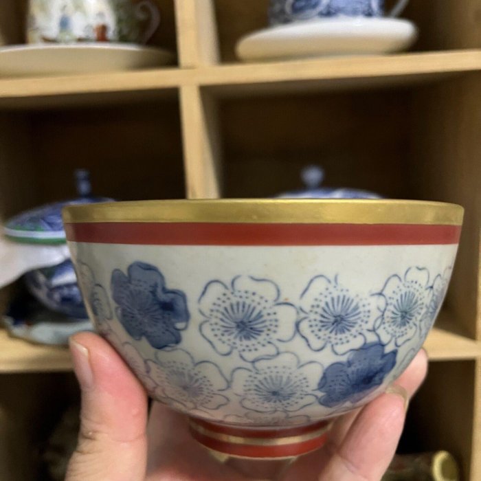 嚴選日本回流中古美濃燒幸泉窯招福黃金長壽碗，內壁鍍金厚塗高溫燒製